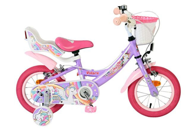 Lila Kinderfahrrad mit Einhorn-Motiv und pinken Akzenten