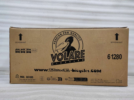 Kartonverpackung für ein Fahrrad mit Logo und Warnhinweisen