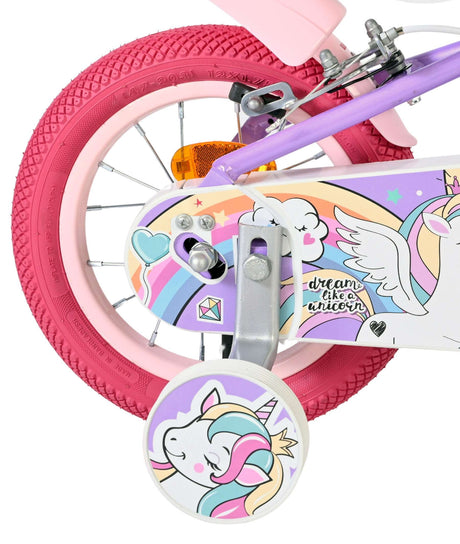 Rosa Kinderfahrrad mit Einhorn-Motiv und Stützrädern