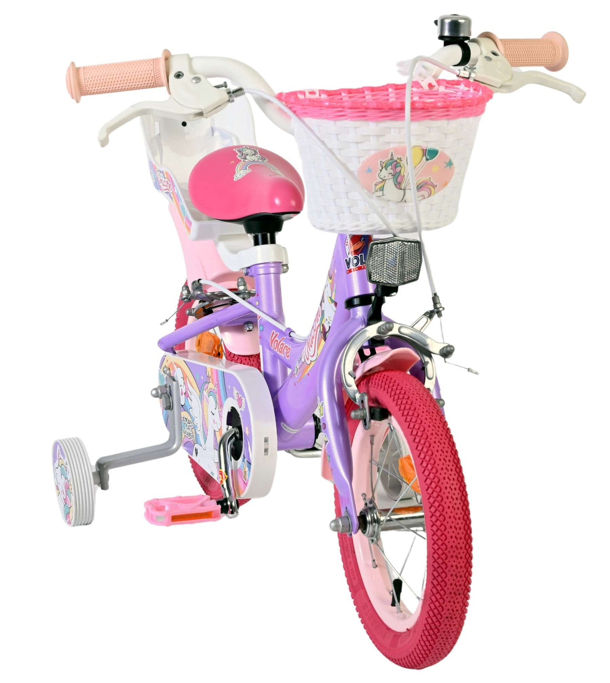 Lila Kinderfahrrad mit Einhorn-Motiv und Korb vorne