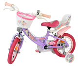 Lila Kinderfahrrad mit pinken Reifen und Korb vorne