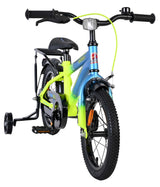 Kinderfahrrad in Blau und Gelb mit Stützrädern und schwarzem Rahmen