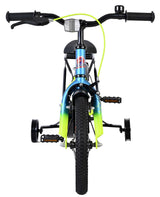 Kinderfahrrad mit Stützrädern, blauer Rahmen und grünen Akzenten