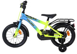 Kinderfahrrad in Blau und Gelb mit Stützrädern und Gepäckträger