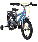 Kinderfahrrad mit Stützrädern, blauer Rahmen und schwarzen Reifen
