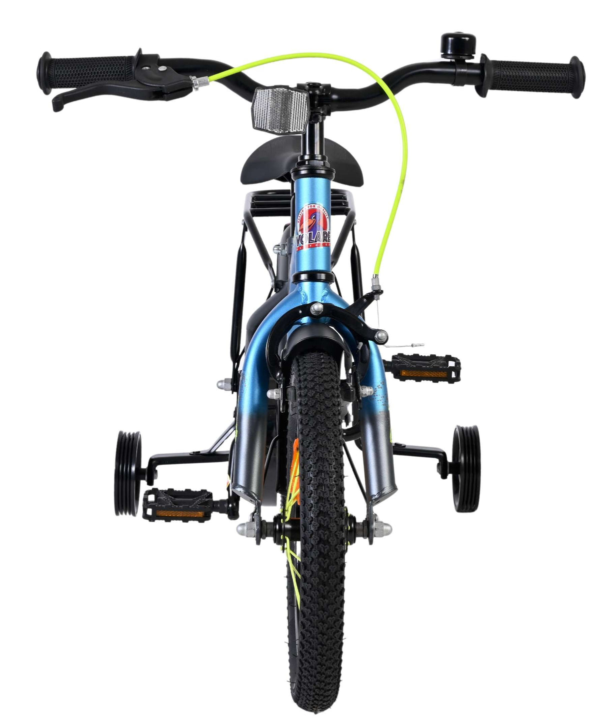 Kinderfahrrad mit Stützrädern, blauer Rahmen und schwarzen Reifen