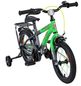Kinderfahrrad in Grün mit Stützrädern und Gepäckträger