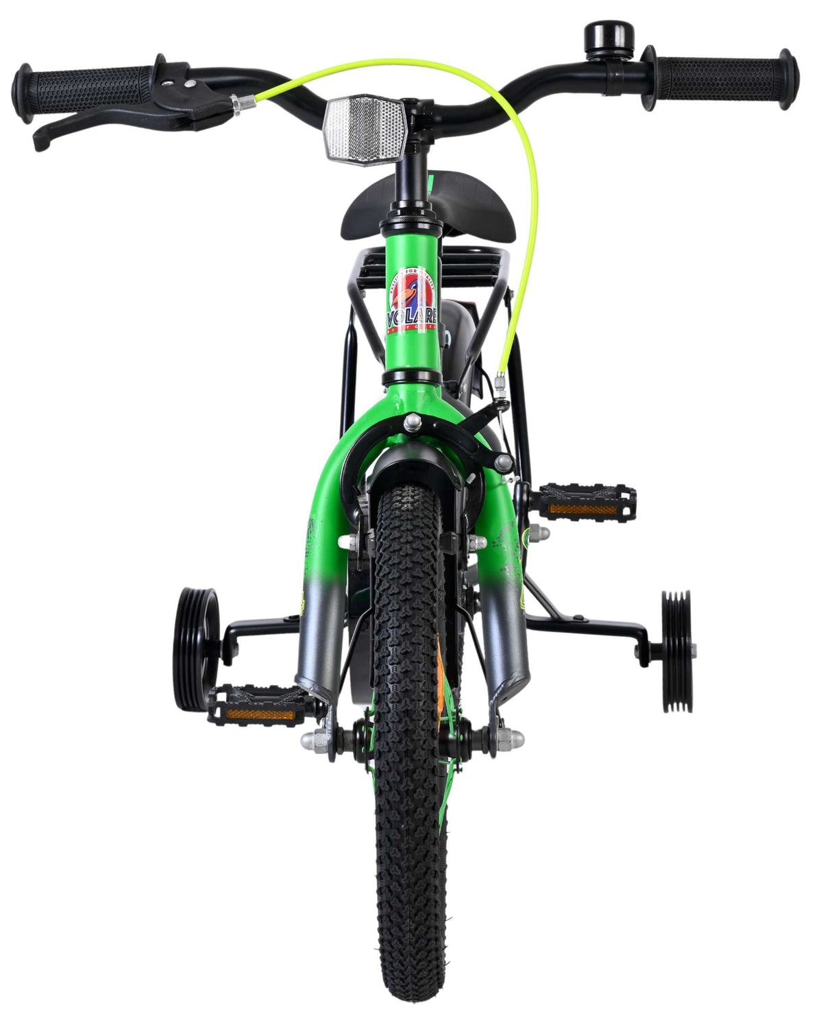Kinderfahrrad mit grünen Akzenten und Stützrädern, von vorne betrachtet