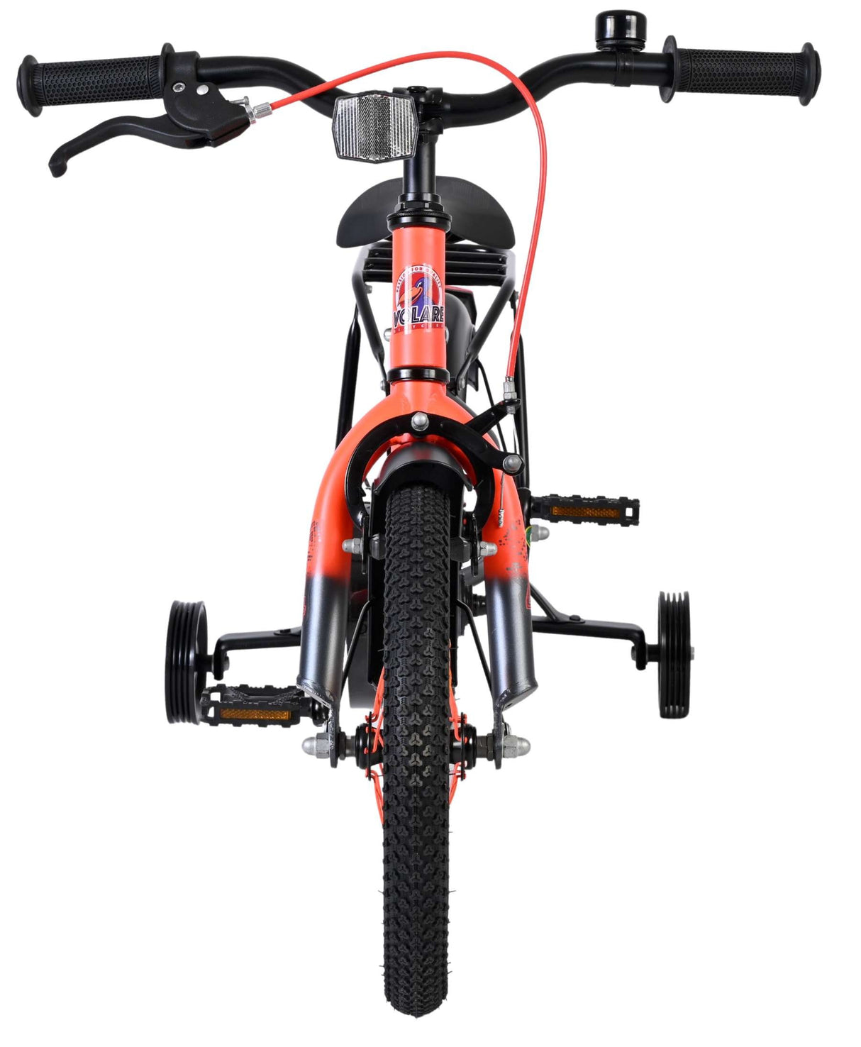 Kinderfahrrad mit Stützrädern, rotem Rahmen und schwarzem Lenker
