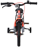 Kinderfahrrad mit Stützrädern, rotem Rahmen und schwarzem Lenker