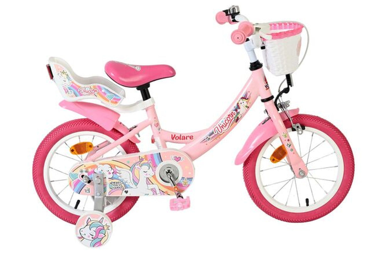 Rosa Kinderfahrrad mit Einhorn-Motiv und Korb vorne