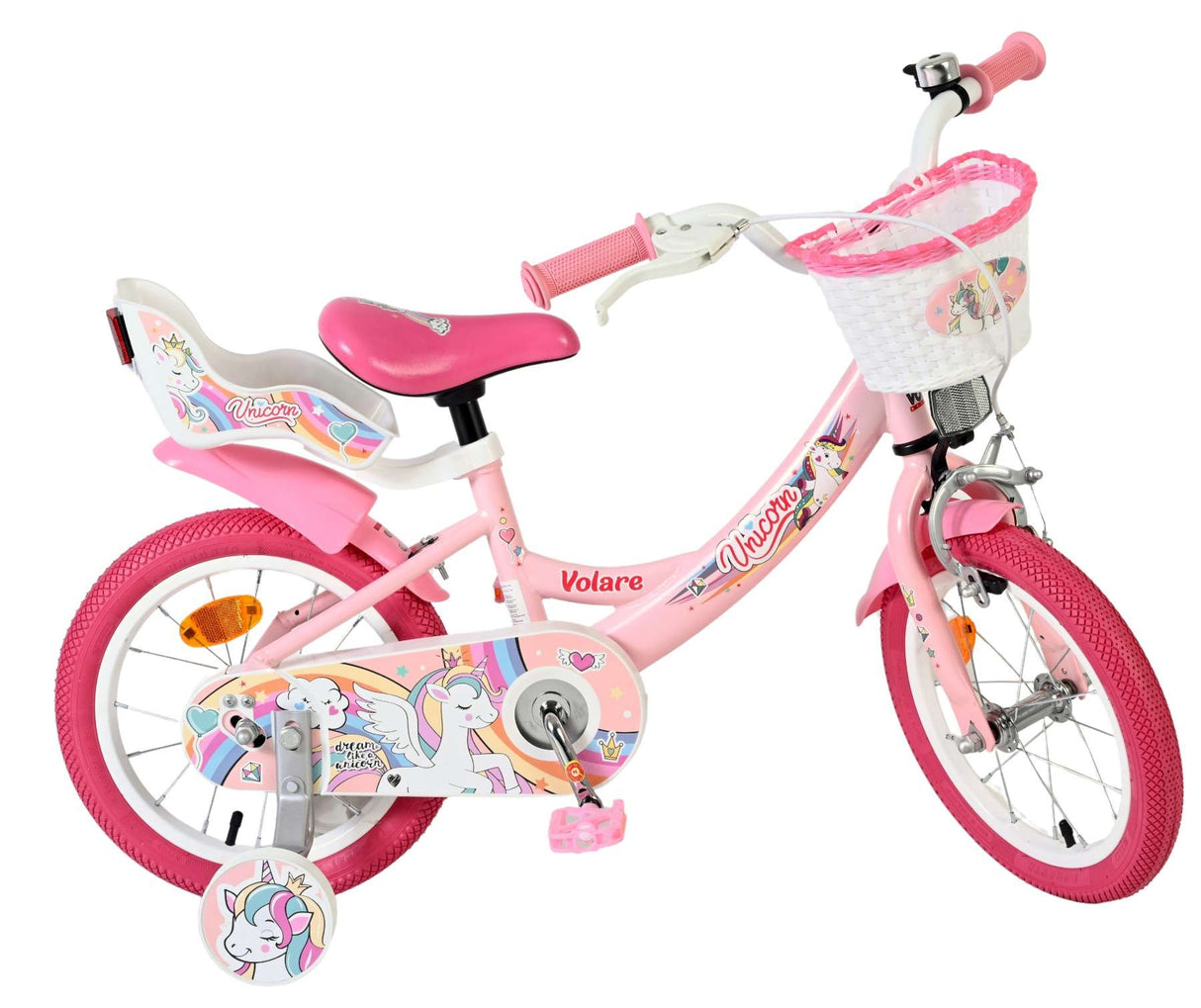Rosa Kinderfahrrad mit Einhorn-Motiv und Korb vorne