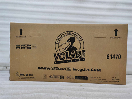 Kartonverpackung für ein Fahrrad mit Logo und Gewichtsangabe