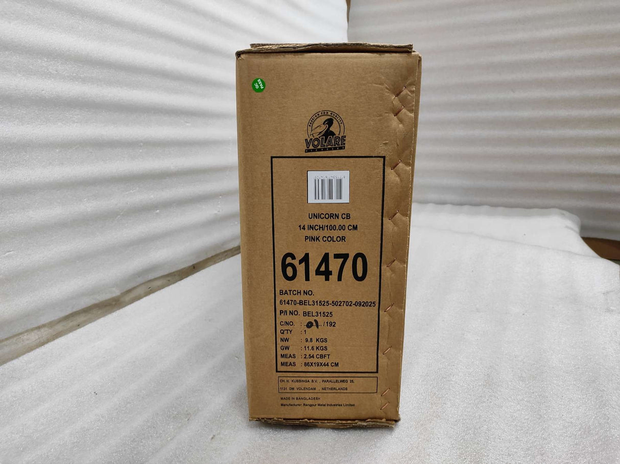 Kartonverpackung mit Produktinformationen in rosa Farbe und Maßeinheiten