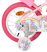 Rosa Kinderfahrrad mit Einhorn-Motiv und pinkem Reifen