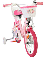 Rosa Kinderfahrrad mit Einhorn-Motiv und Korb vorne
