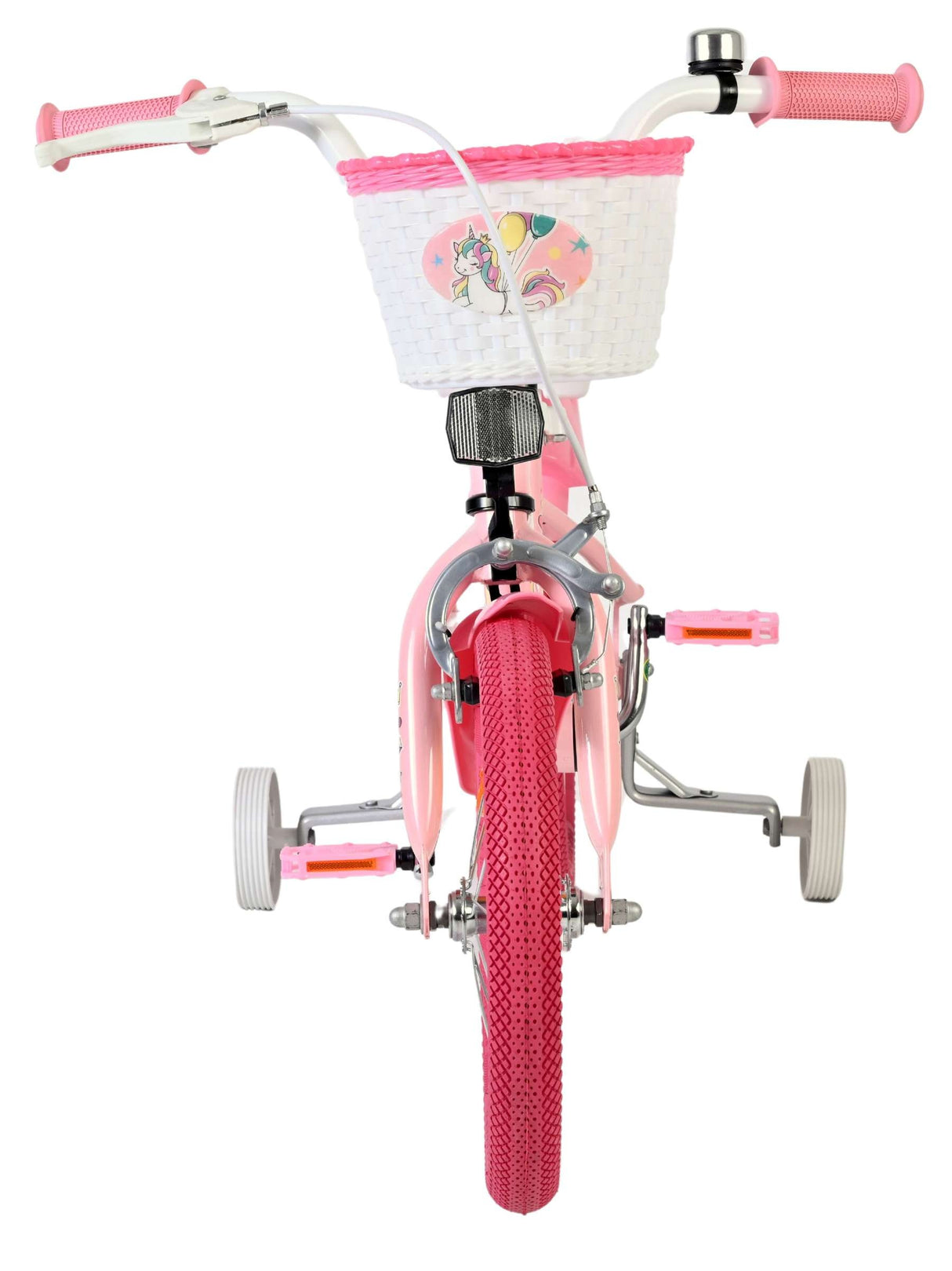 Rosa Kinderfahrrad mit Einhornkorb und rutschfesten Pedalen