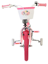 Rosa Kinderfahrrad mit Einhornkorb und rutschfesten Pedalen