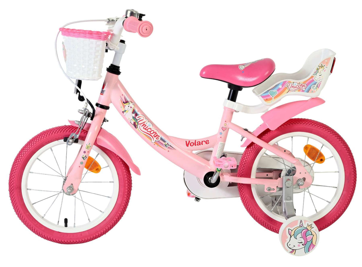 Rosa Kinderfahrrad mit Einhorn-Motiv und Korb vorne