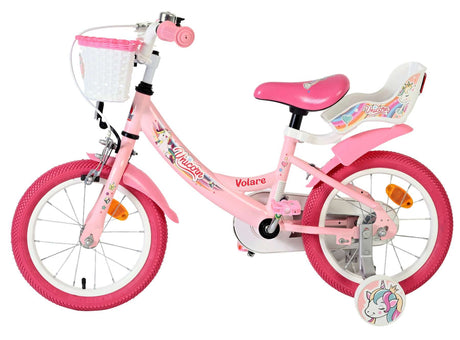 Rosa Kinderfahrrad mit Einhorn-Motiv und Korb vorne