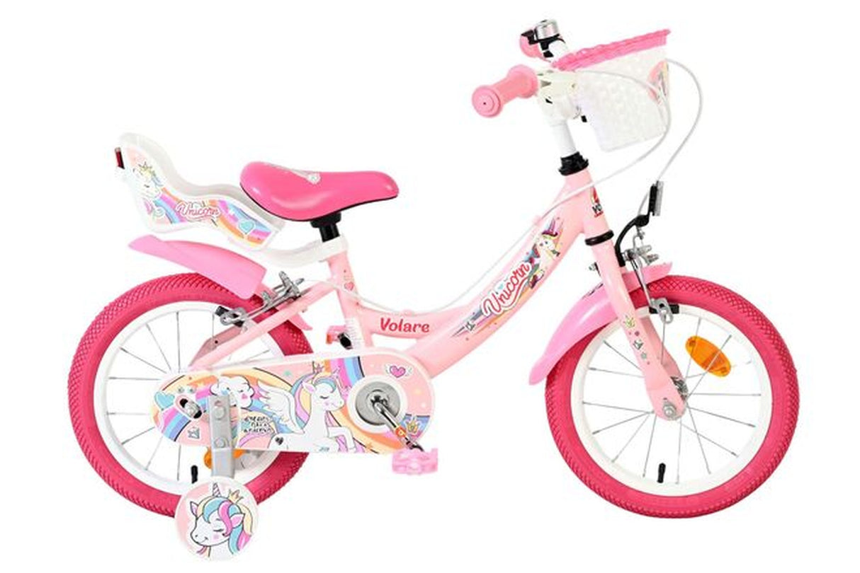 Rosa Kinderfahrrad mit Einhorn-Motiv und Korb vorne