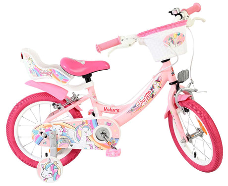 Rosa Kinderfahrrad mit Einhorn-Motiv und Korb vorne