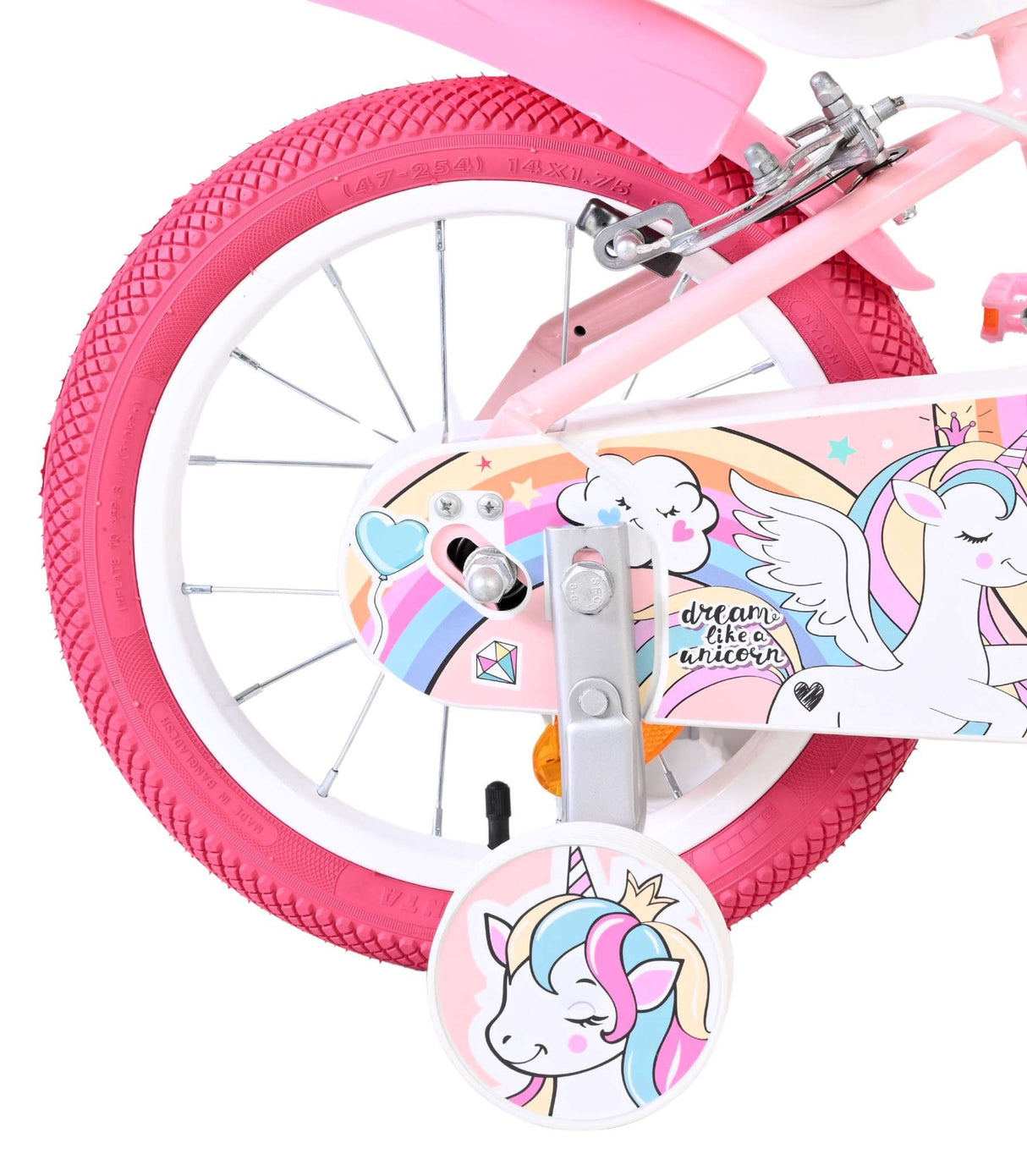 Rosa Kinderfahrrad mit Einhorn-Motiv und bunten Aufklebern