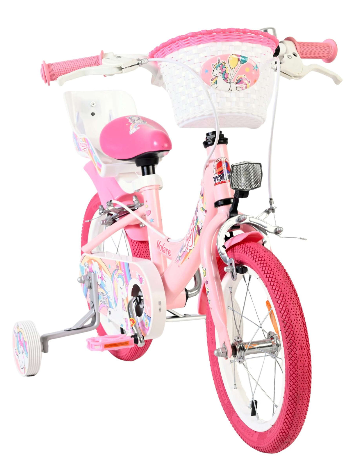 Rosa Kinderfahrrad mit Einhorn-Motiv und Korb vorne