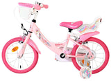 Rosa Kinderfahrrad mit Einhornmotiven und Korb vorne