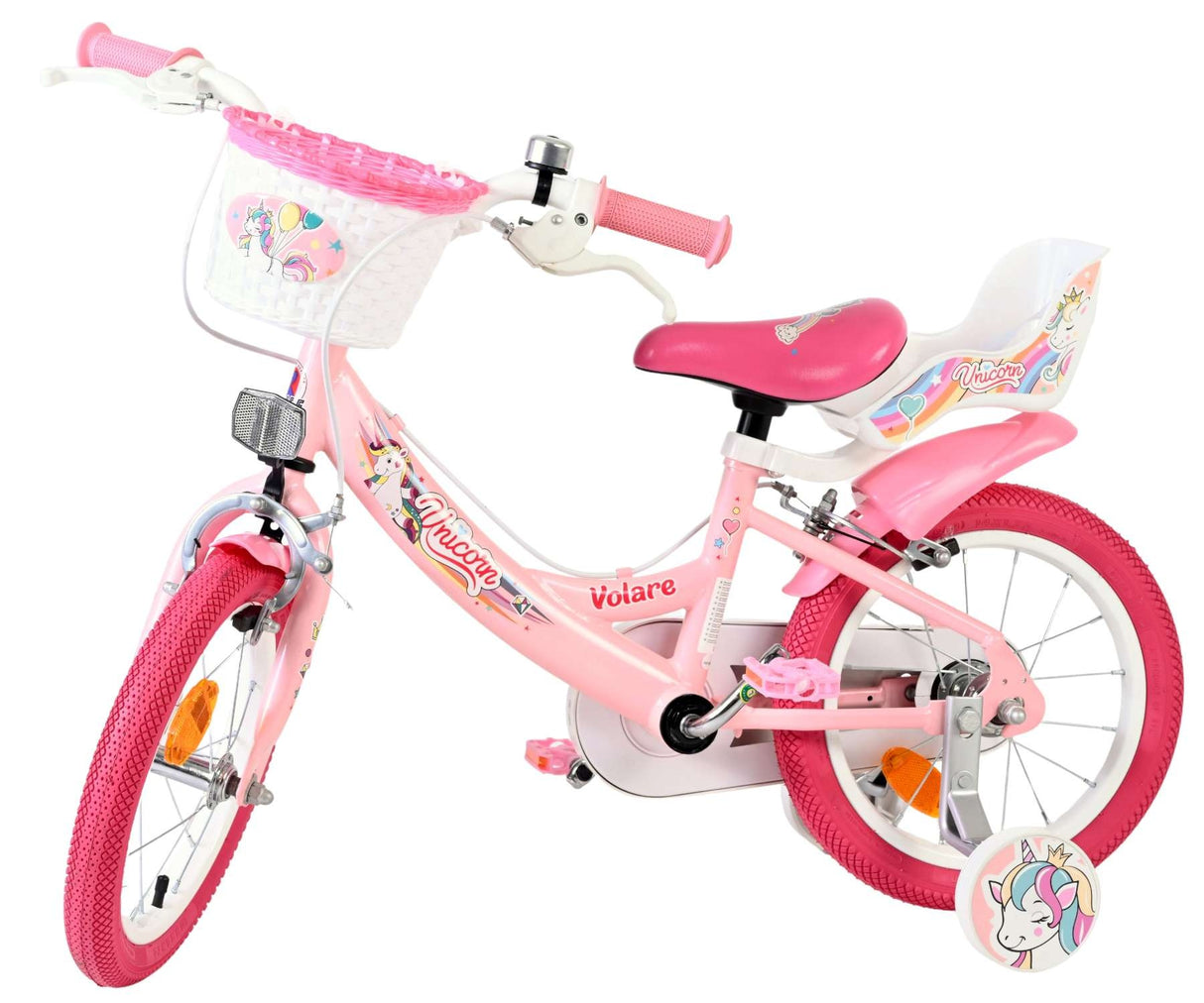Rosa Kinderfahrrad mit Korb und Einhorn-Motiv, 16 Zoll Räder