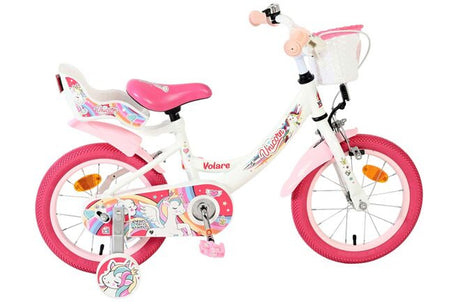 Kinderfahrrad in Weiß und Pink mit Einhorn-Motiv und Korb
