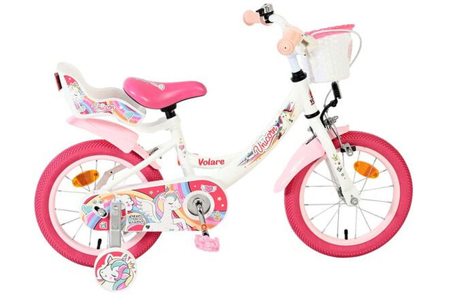 Kinderfahrrad in Weiß und Pink mit Einhorn-Motiv und Korb