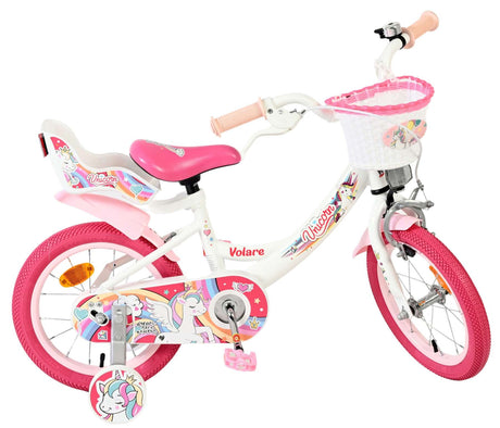 Kinderfahrrad in Pink mit Einhorn-Motiv und Korb vorne