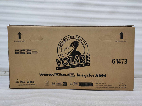Kartonverpackung für ein Fahrrad mit Logo und Gewichtshinweis