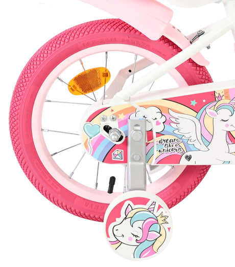 Rosa Kinderfahrrad mit Einhorn-Motiv und pinken Reifen