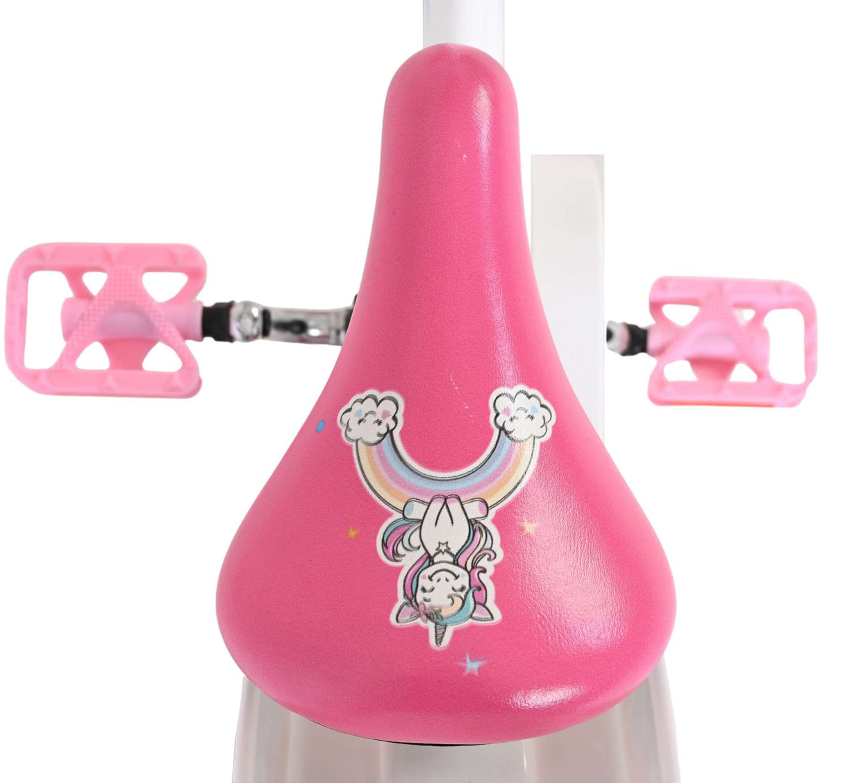 Rosa Fahrradsattel mit Einhorn-Design und Regenbogenmotiv