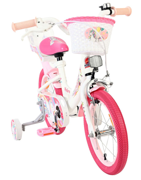 Kinderfahrrad mit Einhorn-Motiv, pinken Reifen und Korb vorne