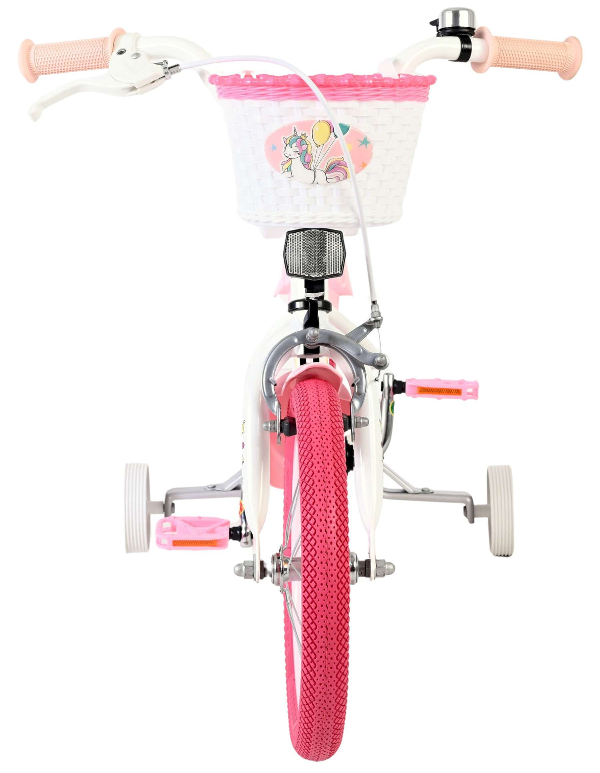 Kinderfahrrad mit pinken Reifen und einem Korb mit Einhorn-Motiv
