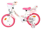 Kinderfahrrad in Weiß und Pink mit Korb und Einhorn-Design