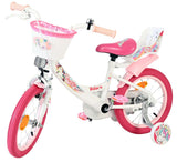Kinderfahrrad in Weiß und Pink mit Einhorn-Motiv und Korb