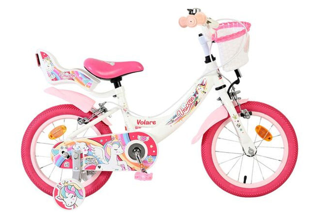 Kinderfahrrad in Weiß und Pink mit Einhorn-Motiv und Korb