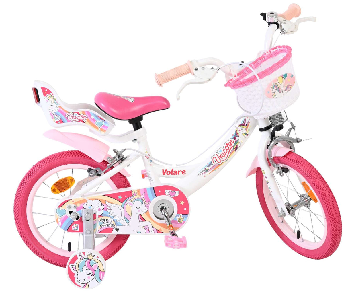 Kinderfahrrad mit Einhorn-Motiv, pinken Reifen und Korb vorne
