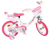 Kinderfahrrad mit Einhorn-Motiv, pinken Reifen und Korb vorne