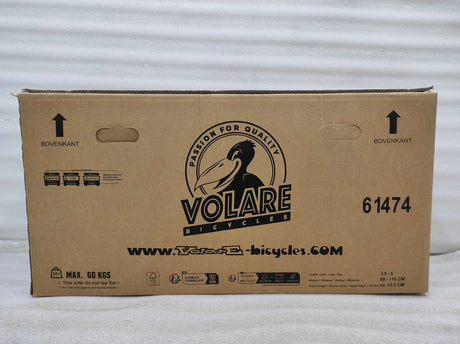Kartonverpackung für ein Fahrrad mit Logo und Gewichtsangabe