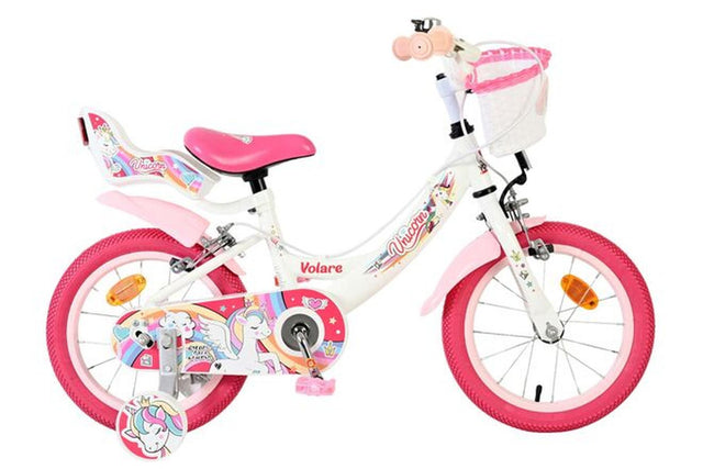 Kinderfahrrad in Weiß und Pink mit Einhorn-Motiv und Korb