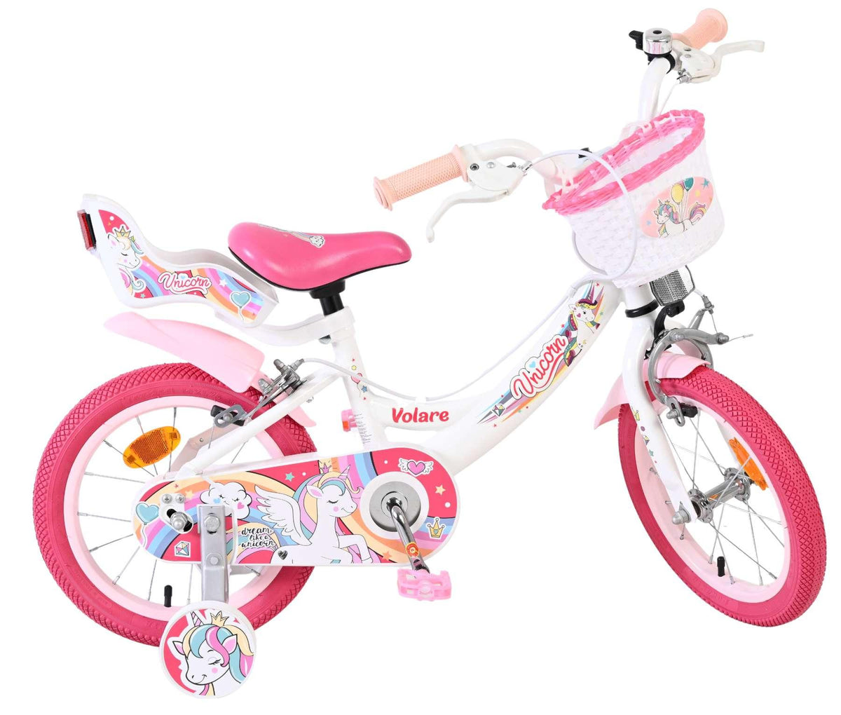 Kinderfahrrad in Weiß und Pink mit Einhorn-Motiv und Korb