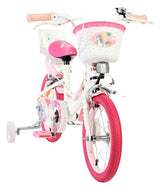 Kinderfahrrad in Pink mit Einhornmotiv und Korb vorne
