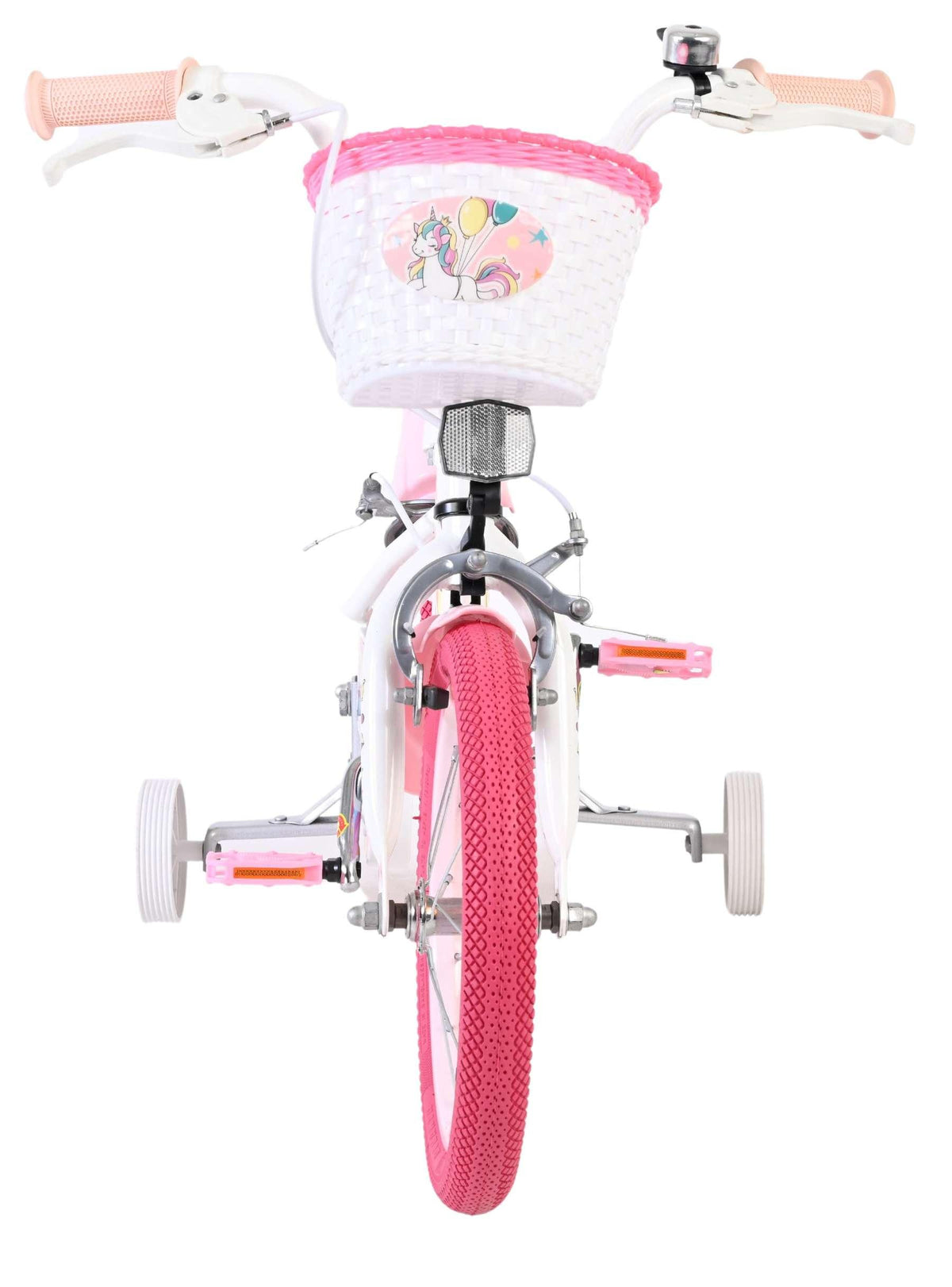 Kinderfahrrad mit pinken Reifen und Korb mit Einhornmotiv