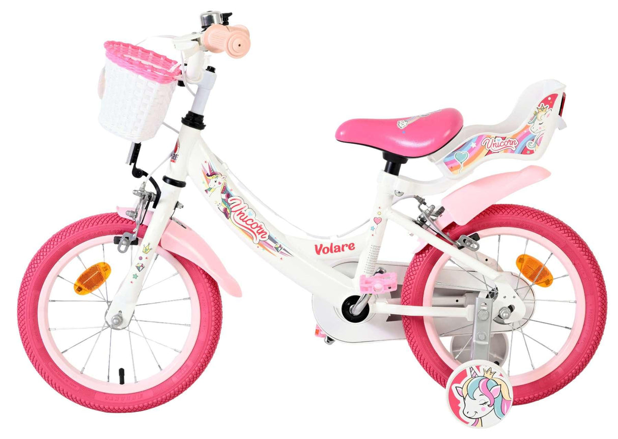 Kinderfahrrad in Weiß und Pink mit Korb und Einhorn-Motiv
