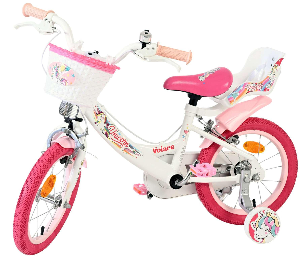 Kinderfahrrad in Weiß und Pink mit Einhorn-Motiv und Korb